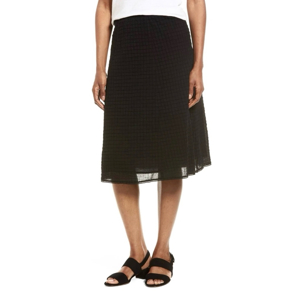 Eileen Fisher Black Organic Cotton Voile Box Knee Length Full Skirt Textured